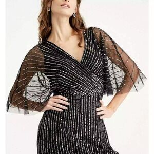 Adrianna‎ Papell Womens Black Beaded Sequin Gown Size 10